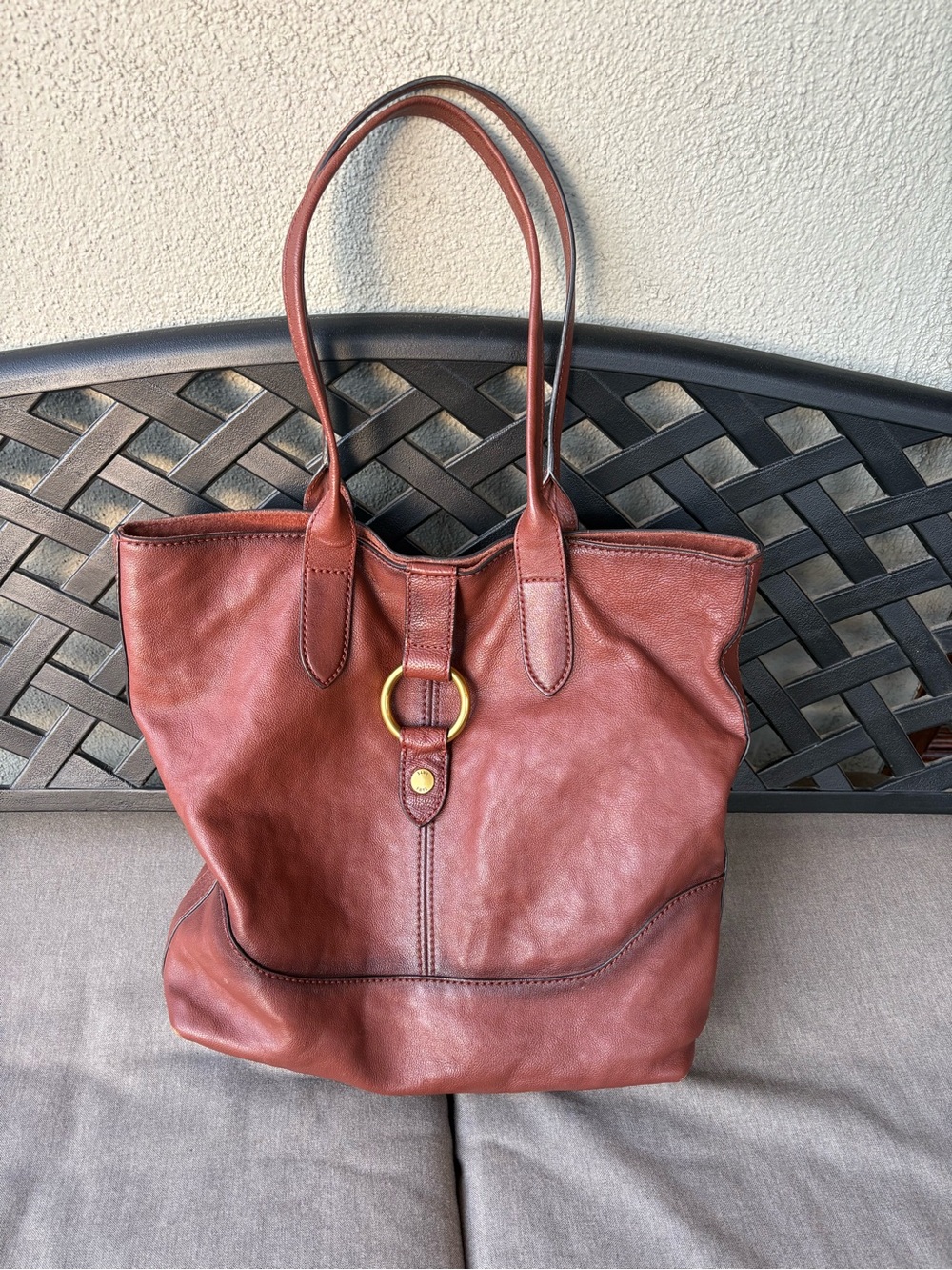 FRYE Leather Ring Tote Bag Women Shoulder Handbag Purse Cognac Brown DB320